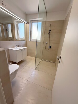 Shower, hair dryer, towels, soap