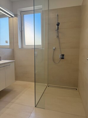 Shower, hair dryer, towels, soap