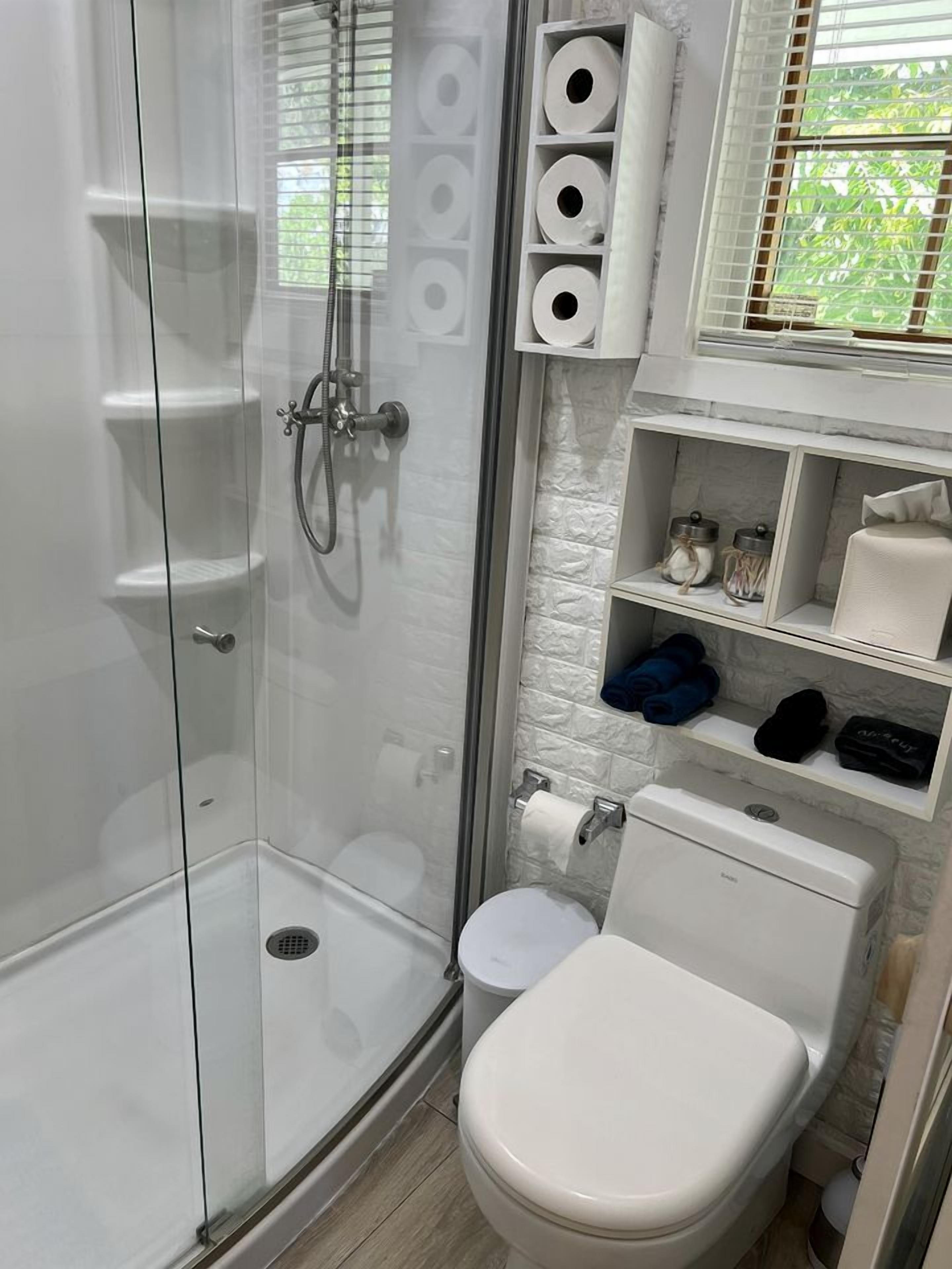 Hair dryer, towels, soap, shampoo