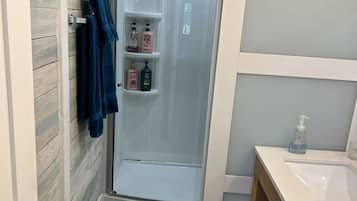 Hair dryer, towels, soap, shampoo