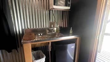 Fridge, microwave, dining tables