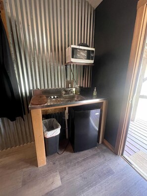 Fridge, microwave, dining tables