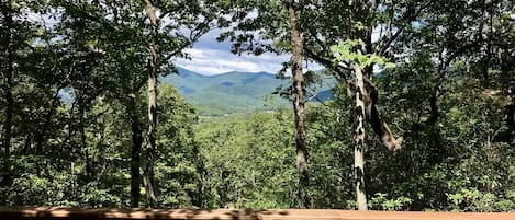 Une zone boisée, dotée d’une rambarde en bois, d’où l’on peut admirer des montagnes lointaines.