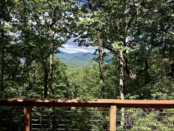 A forested area with a wooden railing and a view of distant mountains.