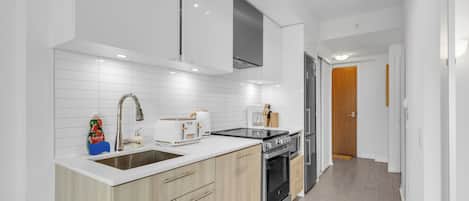 City Suite, 1 Queen Bed, Non Smoking, City View | Private kitchen