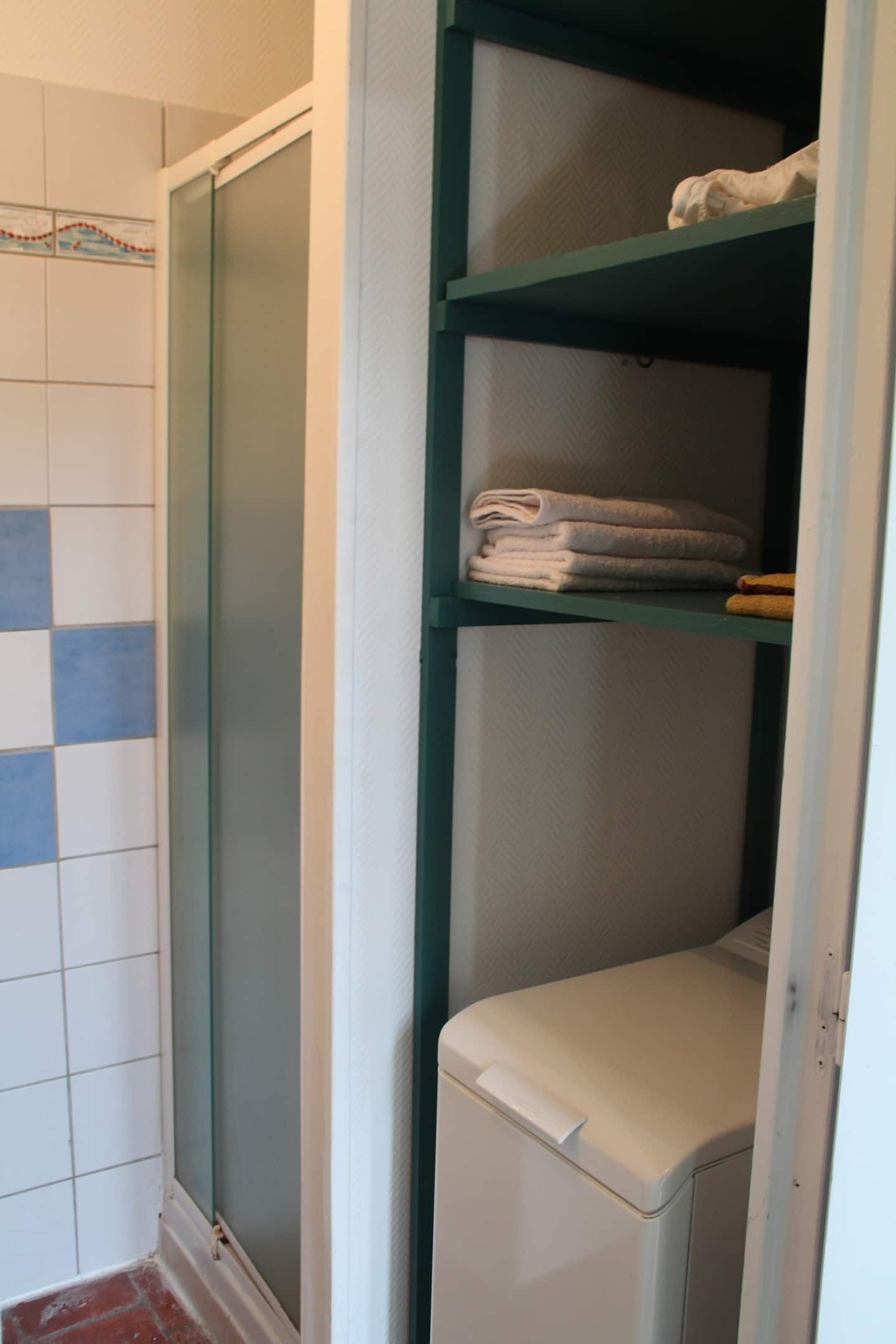 Ein Badezimmer mit gefliesten Wänden, einer weißen Toilette und einem grünen Regal mit gefalteten Handtüchern.
