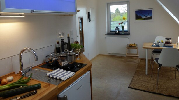 Una cocina moderna con horno empotrado, un lavamanos y un ventanal con vistas a la vegetación.