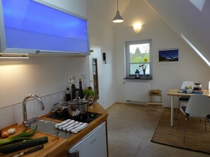 A modern kitchen with a built-in oven, a sink, and a window with a view of greenery. - Apartment 'Max' with Shared Garden and Wi-Fi (Kassel)