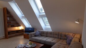 Un salón estilo loft con un sofá, televisor, estantería y tragaluces.