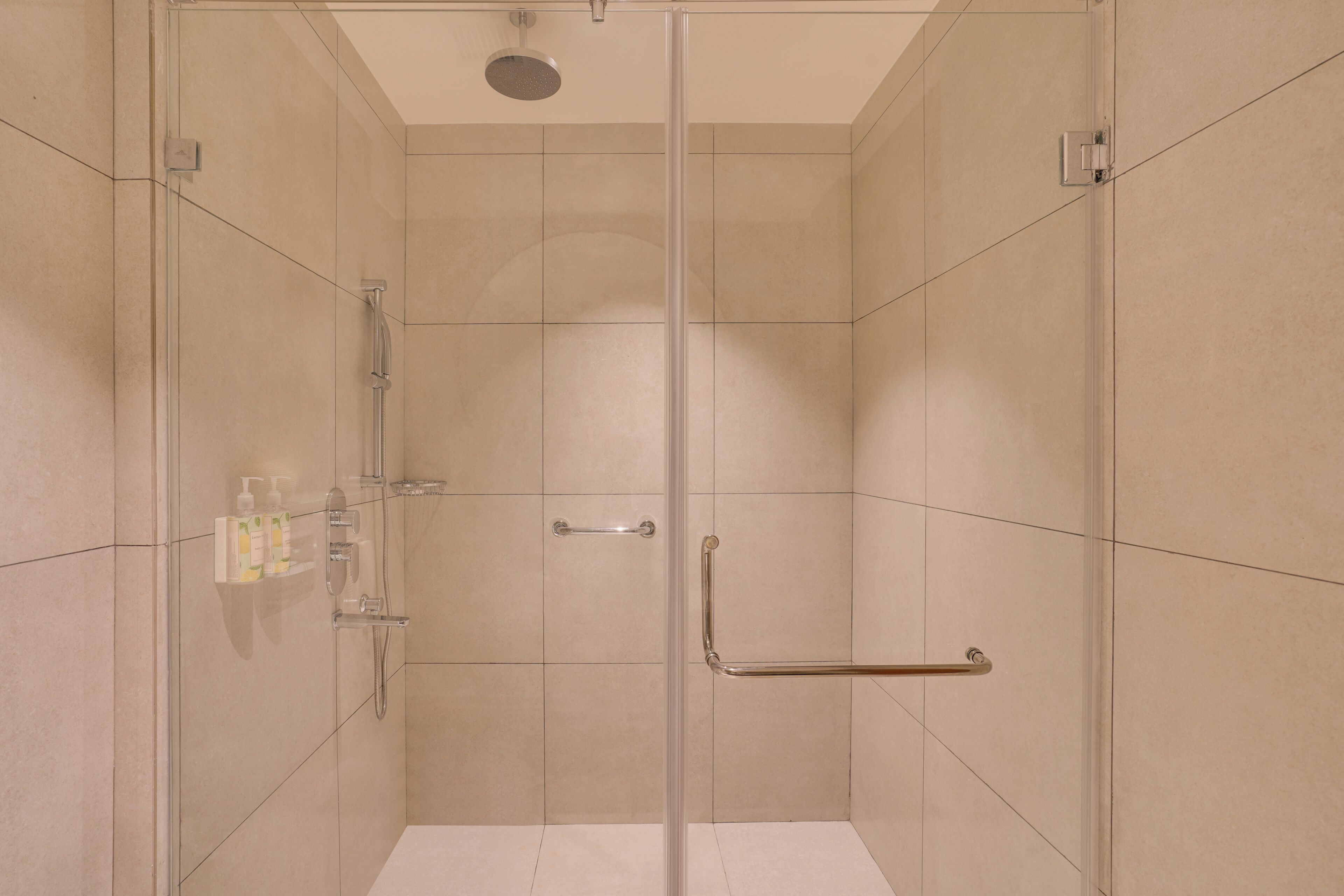 A glass-enclosed shower stall with a handheld showerhead, a handheld showerhead, and a grab bar.