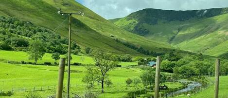 A rural landscape with rolling hills, a stream, and a fence.