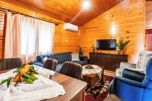 Casa familiar, 2 habitaciones, vista parcial al mar | Área de sala de estar | Televisión de pantalla plana, libros y monitor de computadora 