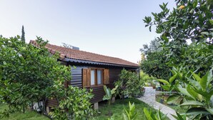 Una casa de madera con techo de tejas, rodeada de exuberante vegetación y un camino de piedra.