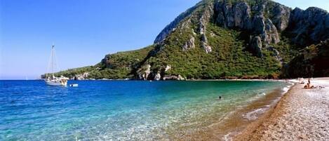 Beach nearby, white sand, free beach cabanas, sun loungers