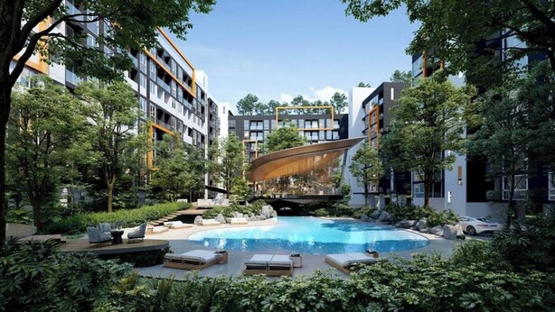 A modern hotel with a central swimming pool, surrounded by lush greenery and contemporary architecture. - BKK Oasis Stylish & Cozy Condo Near MRT 200m (Bangkok)