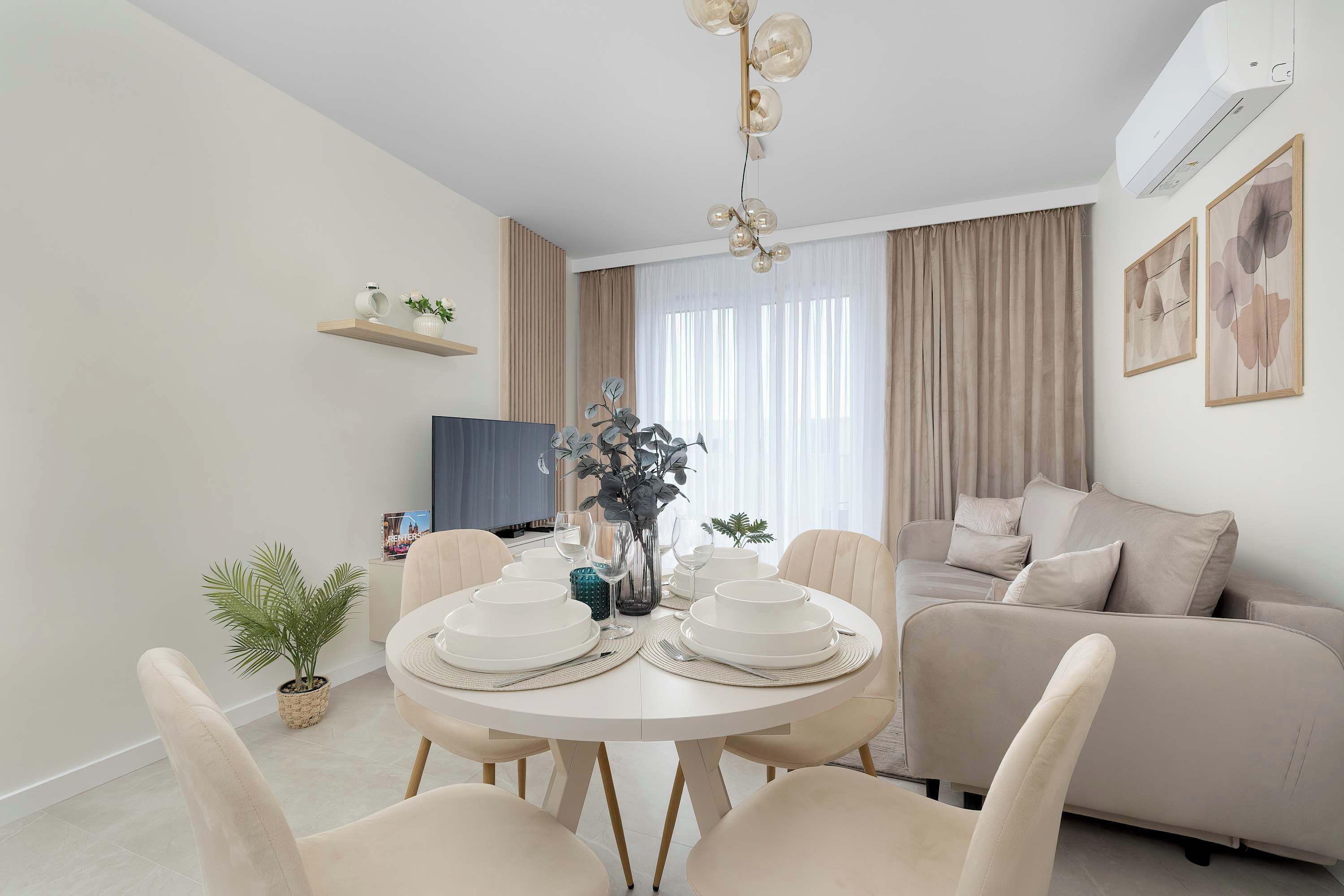 Dining. Modern Apartment | Air Conditioning, Parking, Balcony