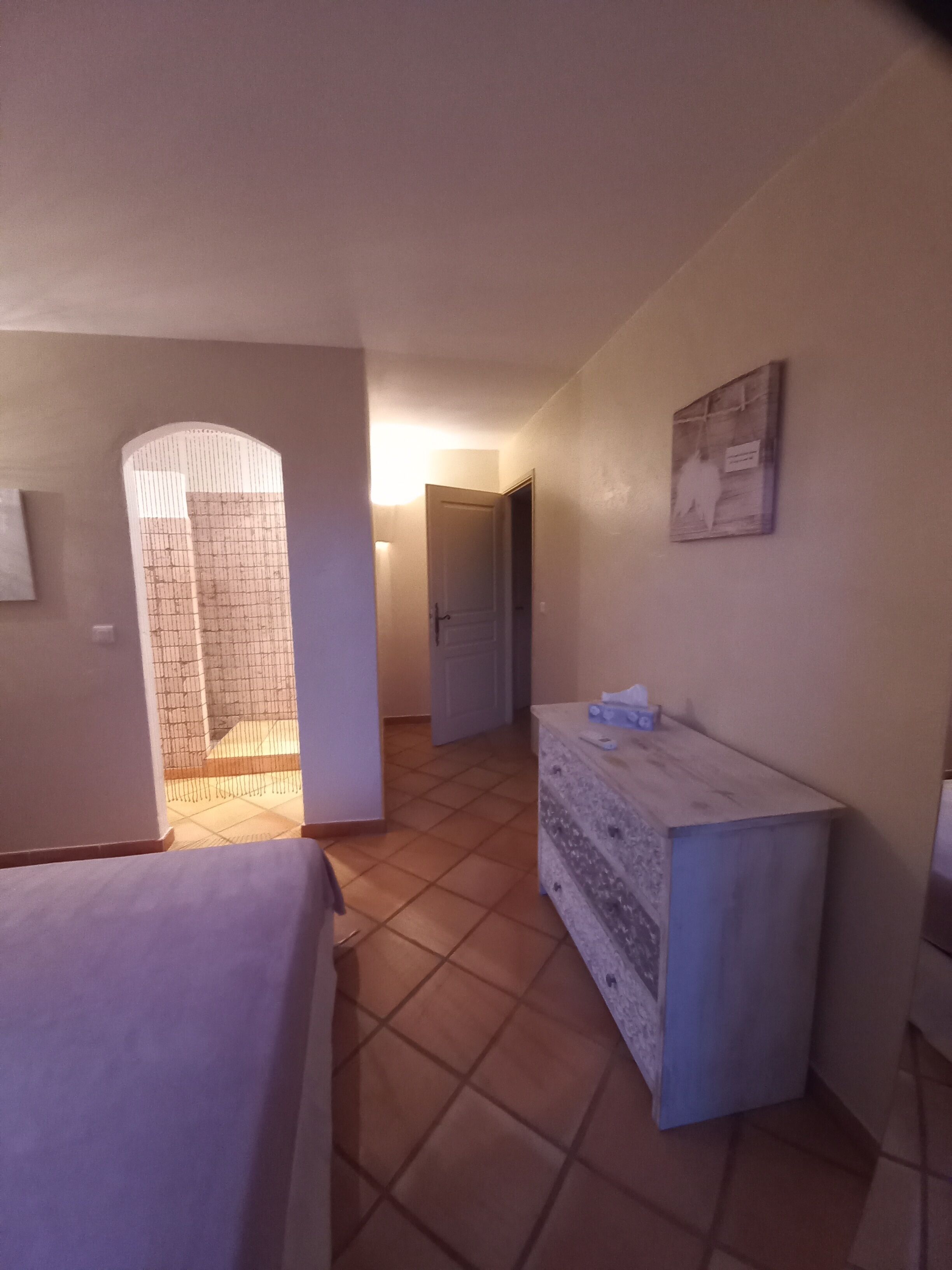 A hotel room with a bed, a dresser, a door, and a wall-mounted picture.
