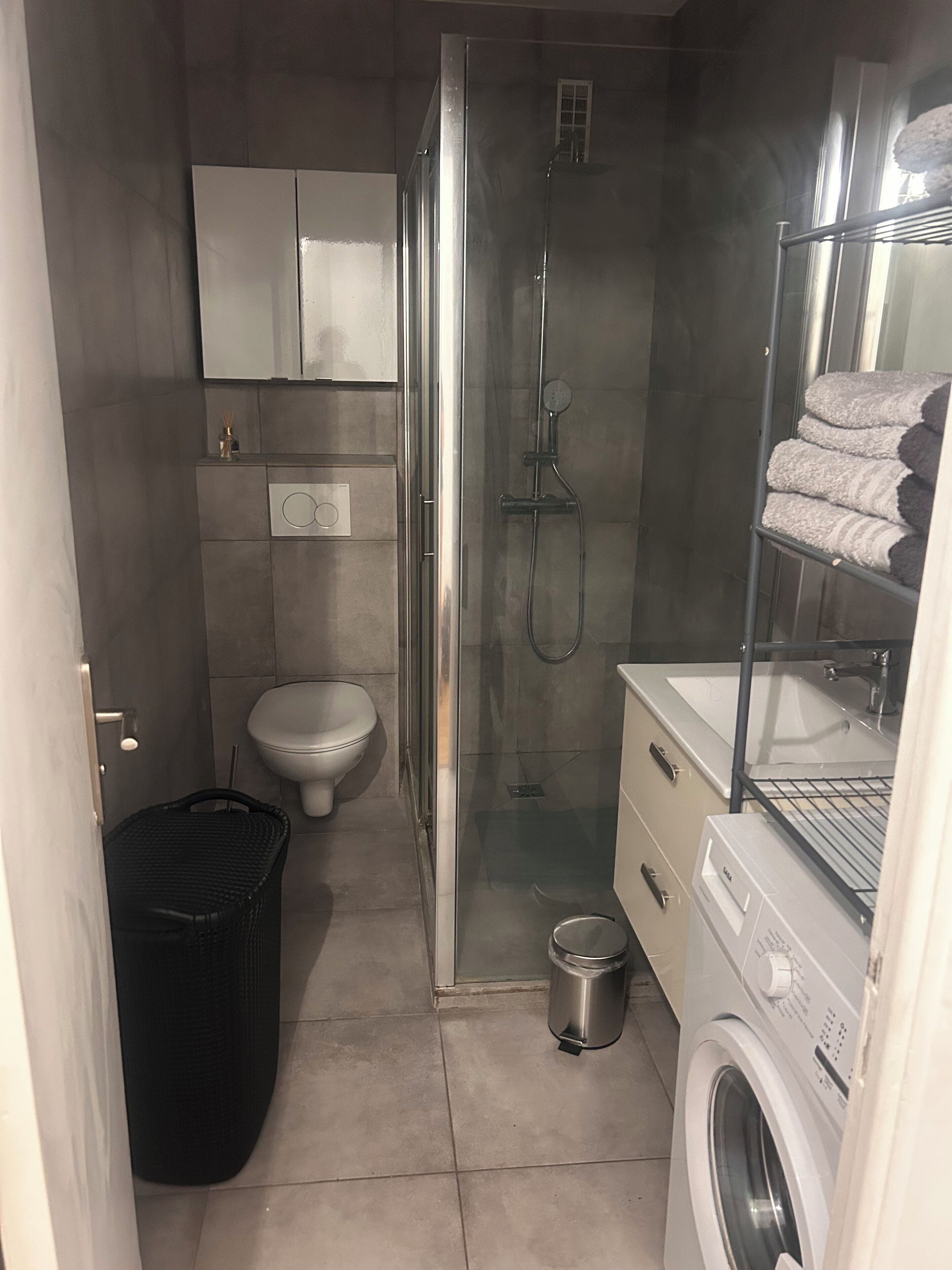 Hair dryer, towels, toilet paper