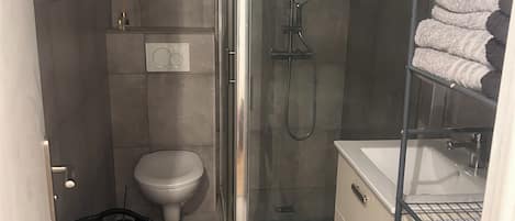 Hair dryer, towels, toilet paper