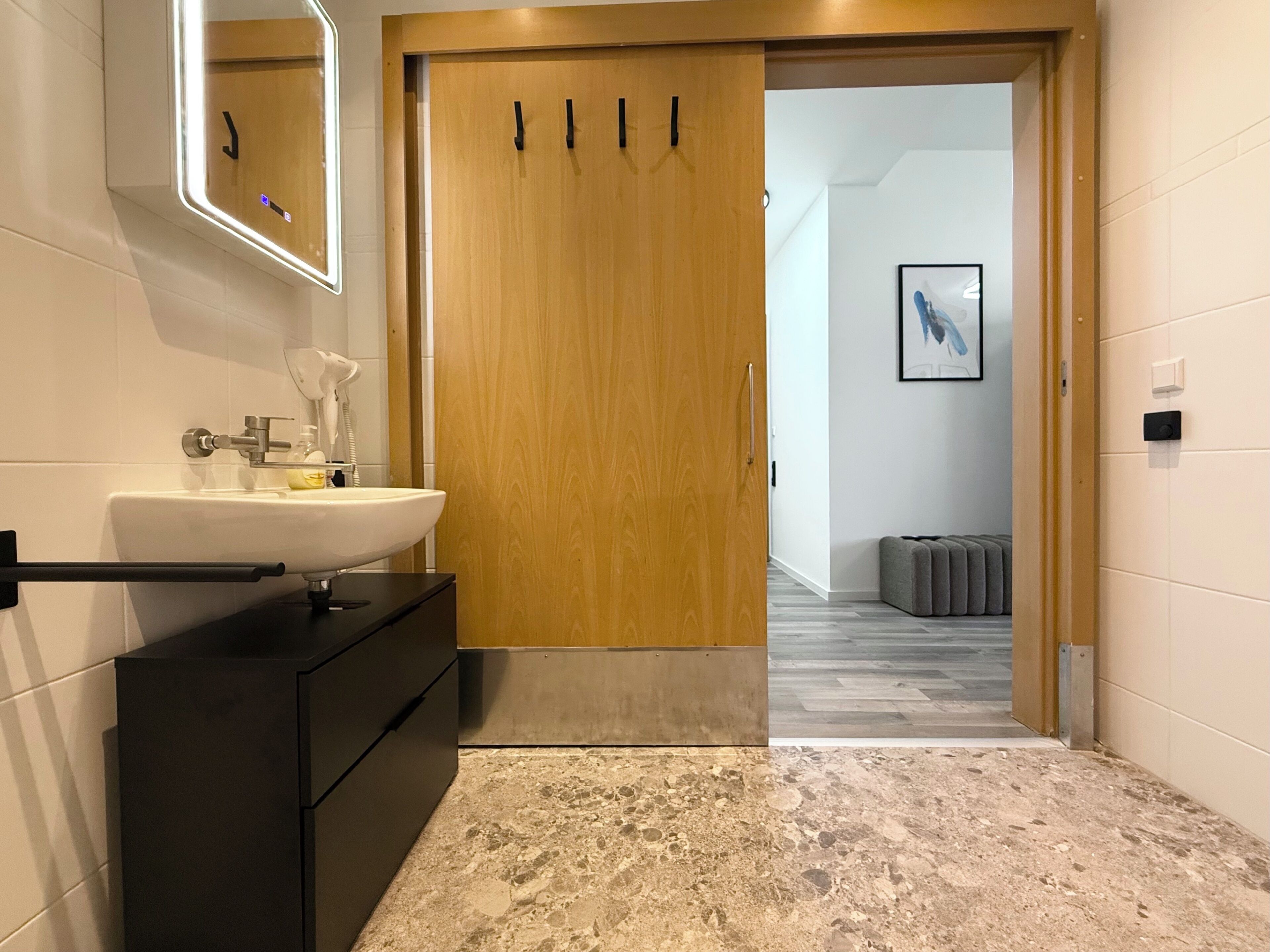 Superior Studio | Bathroom | Shower, hair dryer, towels, soap