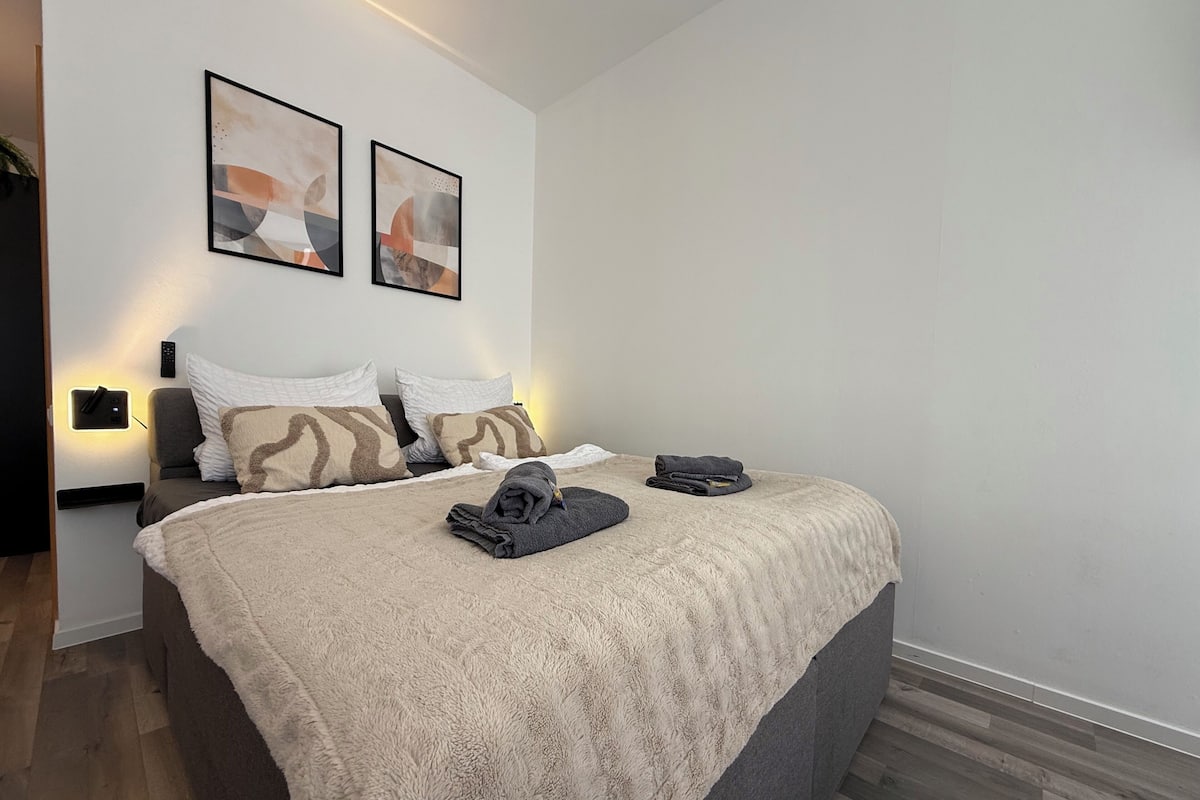 Un dormitorio moderno con una cama, dos almohadas, una colcha, un control remoto y dos obras de arte abstracto en las paredes.