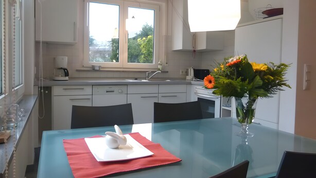 A modern kitchen with white cabinets, a glass dining table, and a vase with flowers. - Apartment 'Am Lindenhof' with Balcony and Wi-Fi (Lindau (Bodensee))