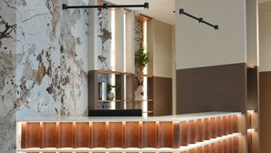 A reception desk with a modern design, a marble wall, and a plant in the background. - Hotel Botika (Kraljevo)