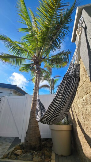 A hammock tied to a palm tree, a potted plant, and a stone wall. - Serene apartment with AC in vibrant Santa Cruz (Santa Cruz)