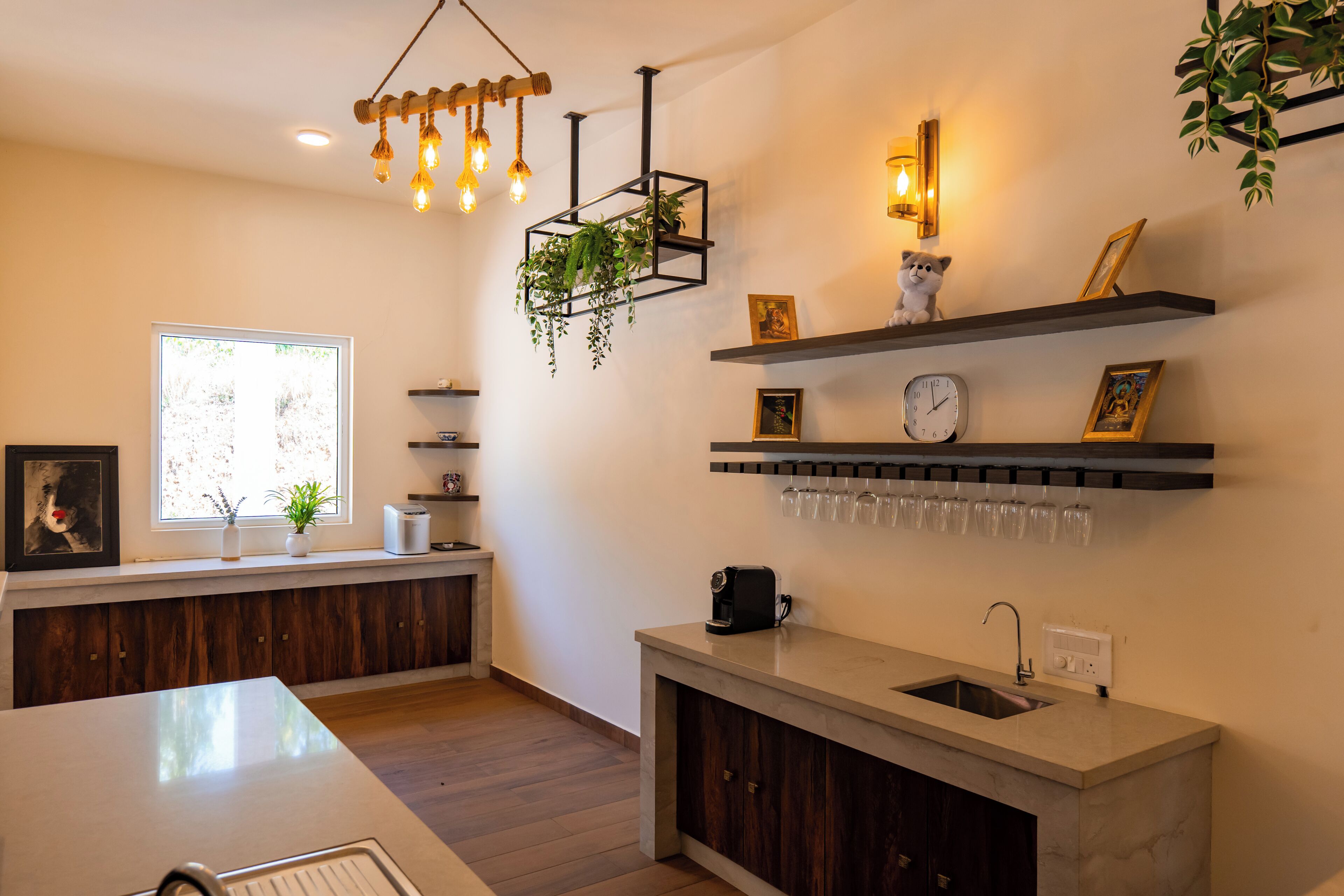 A modern kitchen with a built-in island, wooden cabinets, a coffee machine, and a hanging plant.