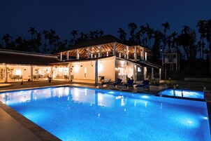 Una piscina con sillas de descanso y una zona techada con luces, rodeada de palmeras.