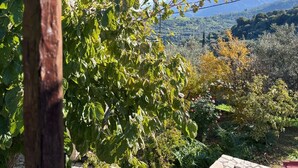 A wooden structure with a view of a mountainous landscape. - Δωμάτια Εξοχή-With fireplace and view to the sea (Diakopto)