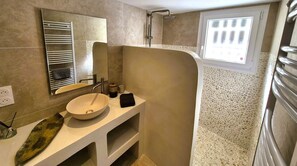 Regadera, secadora de cabello, toallas, papel de baño 