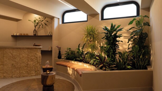 Un cuarto de spa con un banco de piedra, un taburete de madera y diversas plantas.
