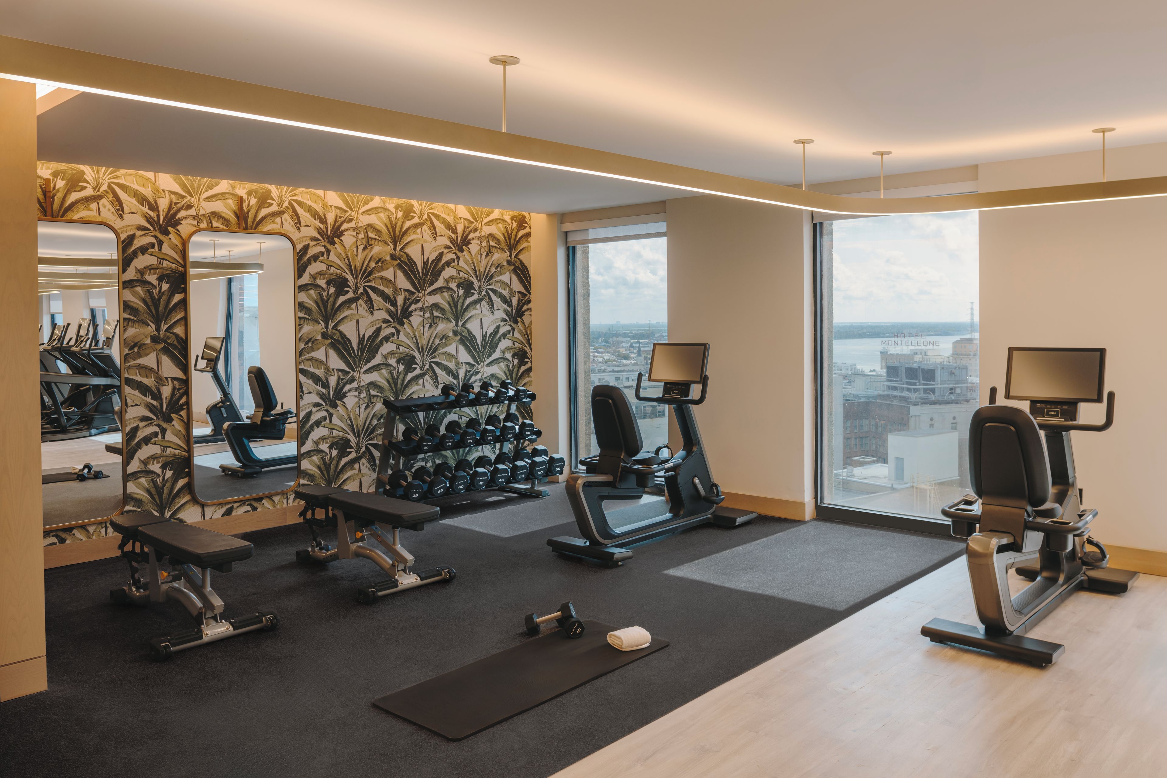 A gym with exercise equipment, a mirror, and a view of the city.