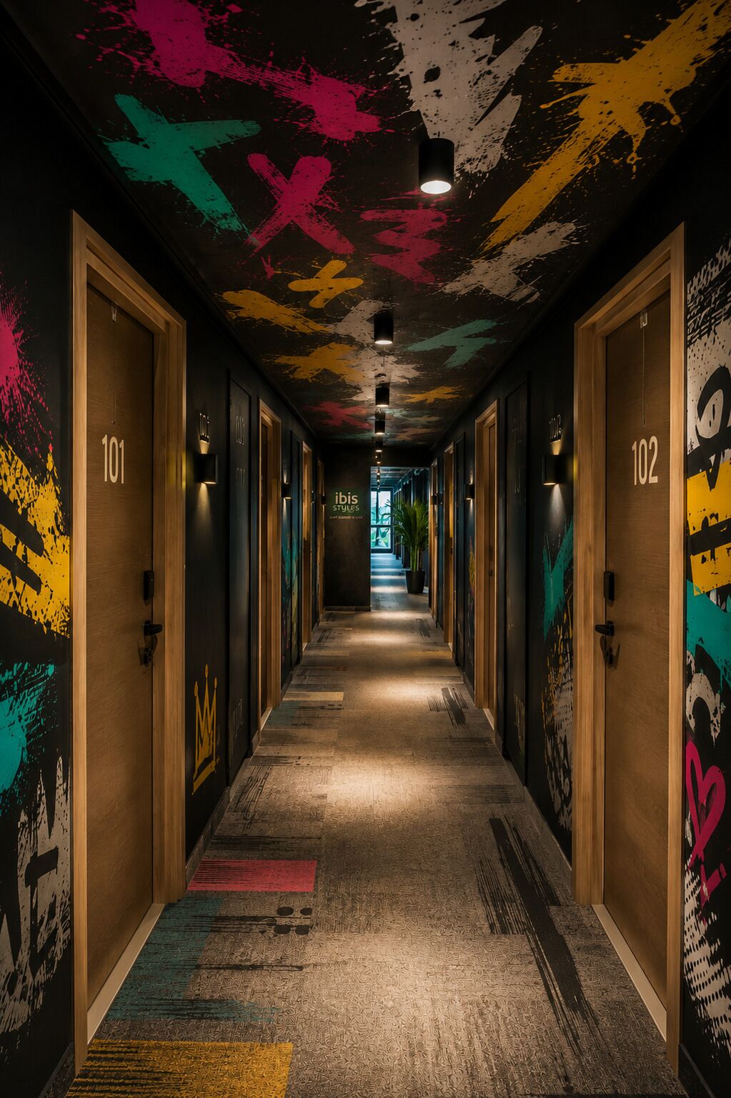 Hotellin käytävällä on huoneiden ovet numeroitu 101 ja 102. Käytävän modernissa ilmeessä yhdistyvät seinien ja katon graffititaide sekä muut nykyaikaiset elementit.