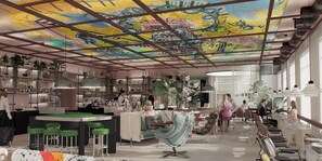Een modern interieur met een bar, zitplaatsen en een plafond met een kleurrijke muurschildering.