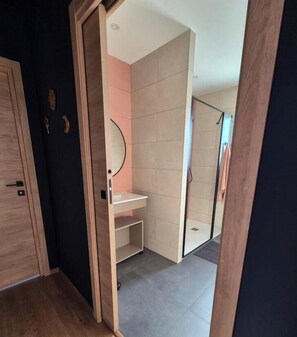 Hair dryer, towels, soap