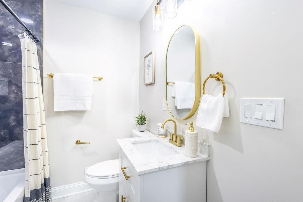 Hair dryer, towels, soap, toilet paper