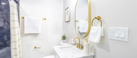 Hair dryer, towels, soap, toilet paper