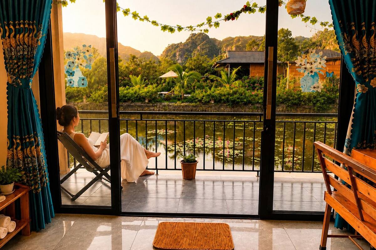 A room with a view of a garden, a balcony with a railing, a wooden bench, and a person reading a book.