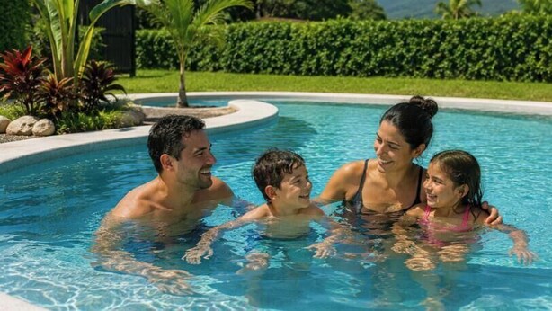 Ein Schwimmbecken mit geschwungener Kante, umgeben von Grünflächen und einem angelegten Garten.