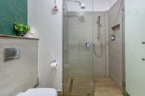 Shower, towels, soap, toilet paper