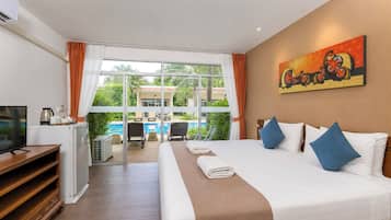 Superior Double Room, Pool View | In-room safe, desk, laptop workspace, blackout curtains