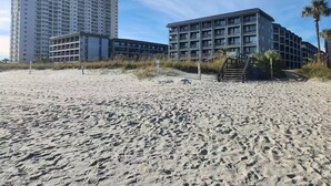 Een strandhotel met meerdere verdiepingen, een zandstrand op de voorgrond en een palmboom.