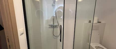 Shower, hair dryer, towels, soap