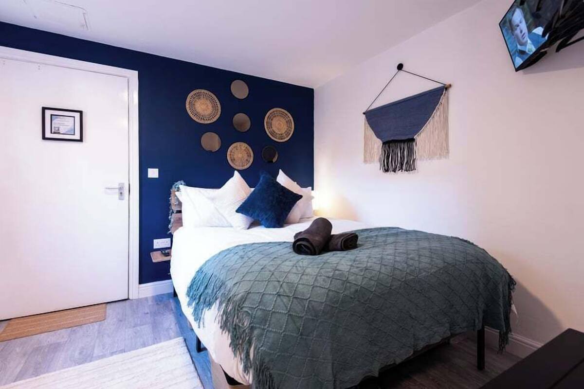 A bedroom with a bed, a wall-mounted TV, and a door.
