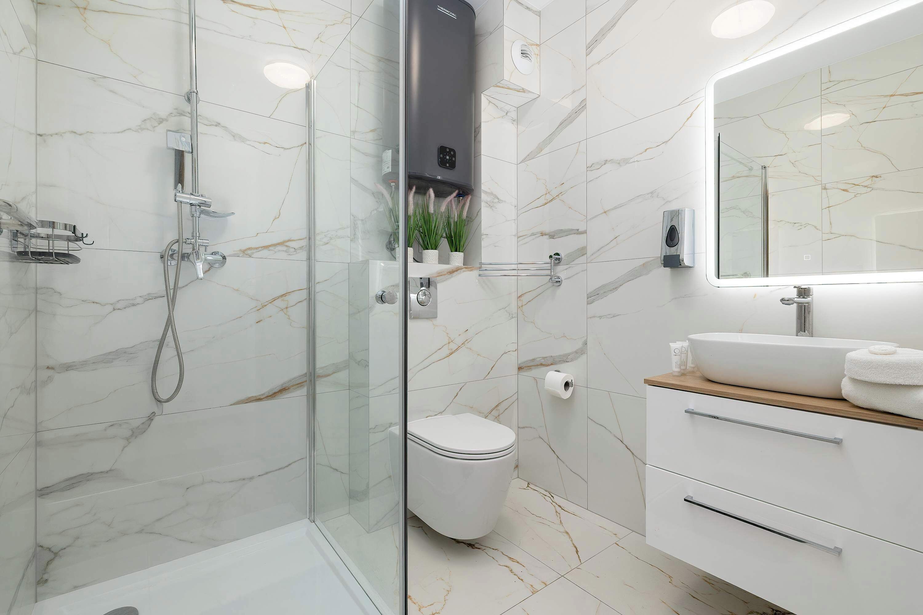 Shower, hair dryer, towels, shampoo