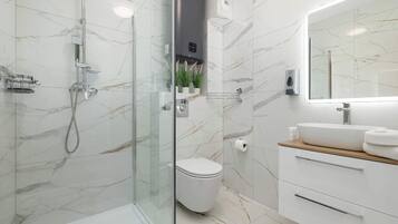 Shower, hair dryer, towels, shampoo