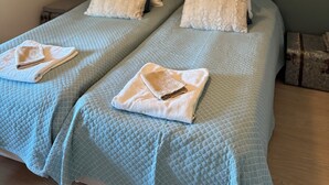 Una habitación con dos camas, un cuadro en la pared y una lámpara en el techo.