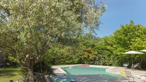 A swimming pool with lounge chairs and a tree. - Loft with Private Pool, Wi-Fi, and Air Conditioning (Boisset-et-Gaujac)